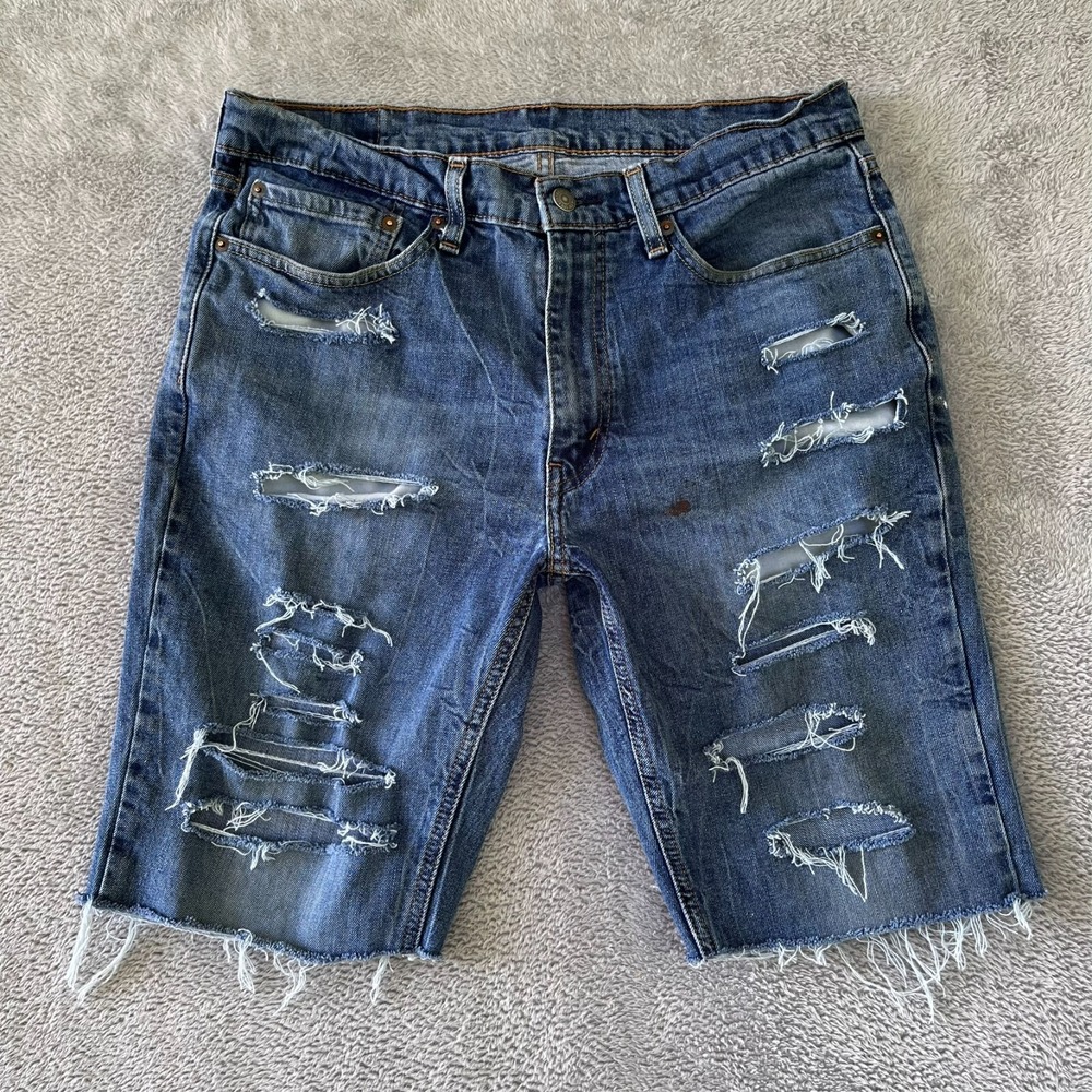 Levis Shorts Mens 34 Cutoffs 10" Inseam Ripped‎ Medium Wash Grunge Ripped Denim